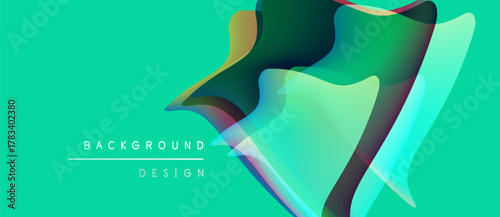 Abstract fluid shapes overlap turquoise background. Modern design elements create dynamic visual impact. Bright colors, gradients present.