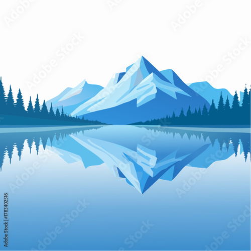 Tranquil landscape of blue mountains mirrored in still water vector illustration
