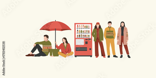Vector illustration of a stylish group of diverse young friends relaxing and socializing together outdoors by a red vending machine