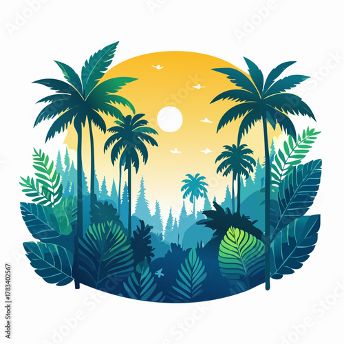 Tropical landscape illustration featuring palm trees and a vibrant sunset backdrop