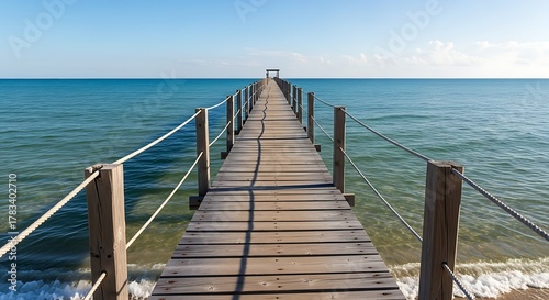 Wooden pier extending into the calm blue ocean under a clear sky.