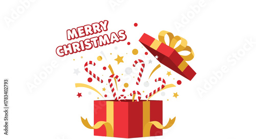 Festive red gift box overflowing with candy canes and confetti celebrating merry christmas with a joyful explosion of holiday cheer