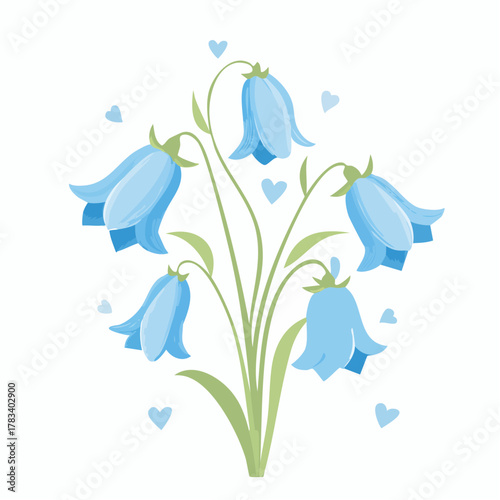 Vibrant bluebell flowers with heart accents botanical vector illustration