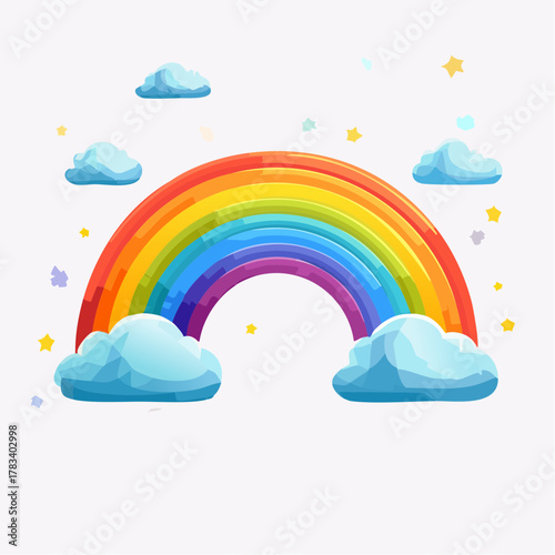 Vibrant rainbow illustration with clouds and stars on white background