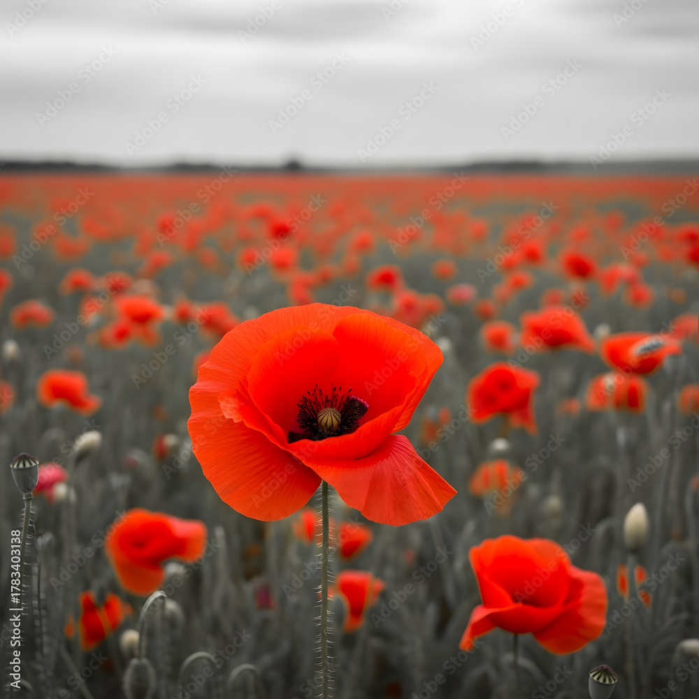 Obraz premium Red poppies blooming in a peaceful open field under soft daylight, symbolizing World War remembrance and honoring fallen soldiers on Armistice or Remembrance Day, conveying respect, sacrifice, and pea