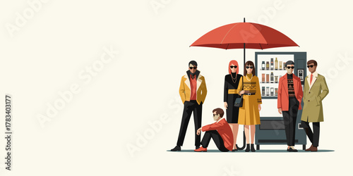 Stylish People Standing by a Vending Machine Under an Umbrella