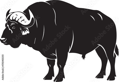 Powerful black silhouette of a majestic cape buffalo standing proudly