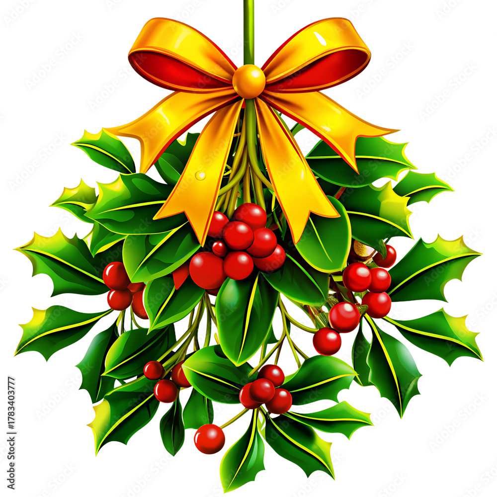Obraz premium Christmas Mistletoe with Red Berries and Ribbon Illustration for Holiday Decoration Design on transparent background