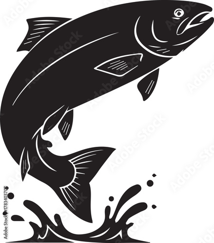 Dynamic silhouette of a salmon leaping from water capturing the energy of nature