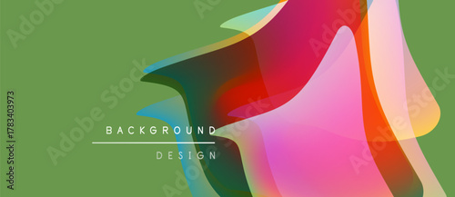 Abstract colorful shapes overlap, creating dynamic background. Text reads background design. Green dominates overall composition.