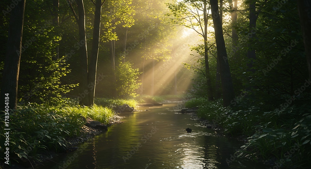Obraz premium Sunlit Forest Stream - Golden Rays Pierce Through Lush Green Canopy.