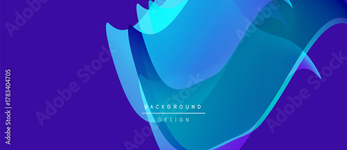 Abstract flowing shapes, vibrant blue hues dominate purple backdrop. Modern design suggests energy, movement, fluidity. Text reads background design.