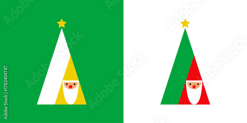 Logo con árbol de navidad con Santa Claus con forma de triángulo sencillo y estrella para tarjetas y felicitaciones de Navidad