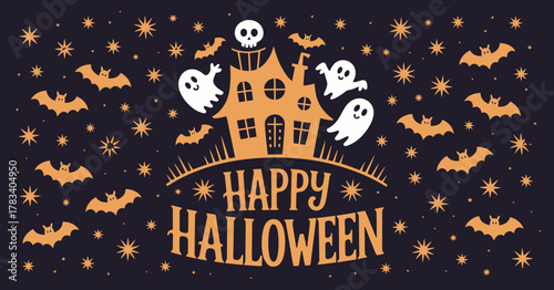 This cheerful Halloween illustration is filled with ghosts, bats, and stars, capturing the festive spirit of Halloween perfect for cards, decorations, or events.