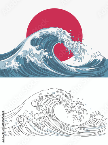 A captivating wave illustration featuring dynamic water movement against a bold red sun backdrop, symbolizing power, nature, and the beauty of oceanic landscapes.