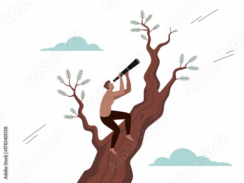 A bare-footed man perched on a tree branch, exploring the sky through a telescope, representing curiosity, adventure, and a desire for exploration amidst a serene natural landscape.