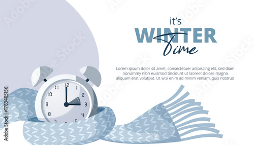 It's Winter Time! Clock changing from summer to winter time. Concept of vacation, party and travel. Vector illustrations for mobile and web graphics.