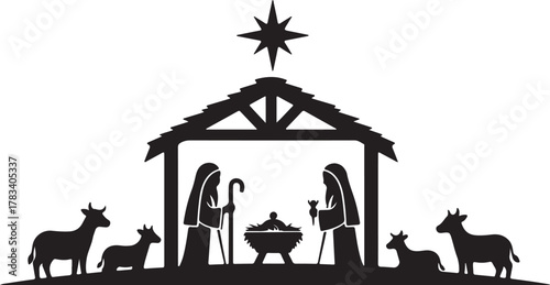 Silhouette depicts Mary and Joseph near the manger under a star with animals
