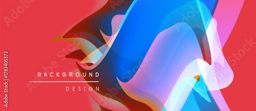 Abstract fluid shapes overlap, creating vibrant color gradients. Red background emphasizes dynamic composition, modern design elements.