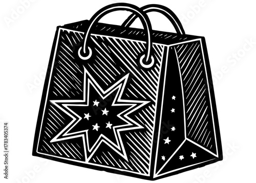 Vector shopping bag silhouette with starburst design and handles in traditional linocut art style on white background