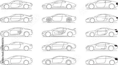 Sports car outline icon set in minimalist line style