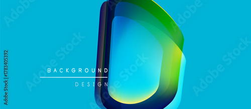 Abstract vibrant design features layered shapes, gradient colors. Blue background enhances visual impact, modern aesthetic. Text reads background design.