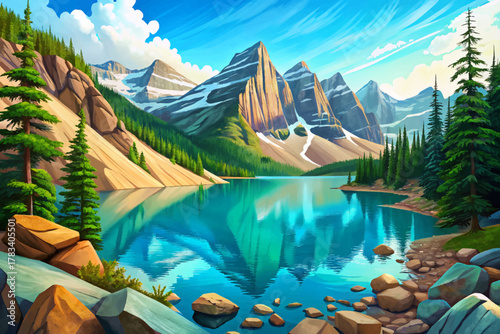 Turquoise glacial lake surrounded by snow capped mountains and evergreen pine forest in Montana’s wilderness