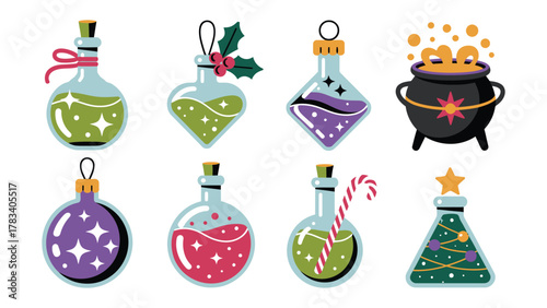 Magical Potion Collection: A whimsical assortment of colorful potion bottles, each holding a unique bubbling concoction, arranged with a touch of enchantment.