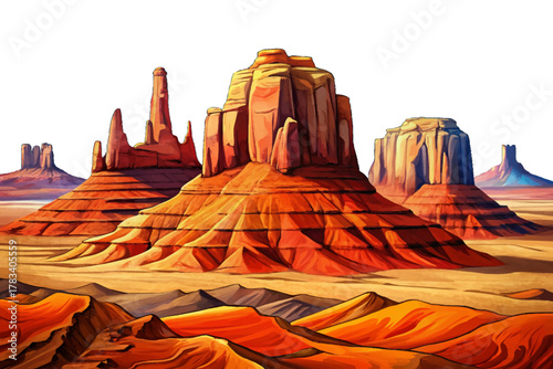 Iconic sandstone buttes rising from red desert floor under clear blue sky in Navajo Nation lands