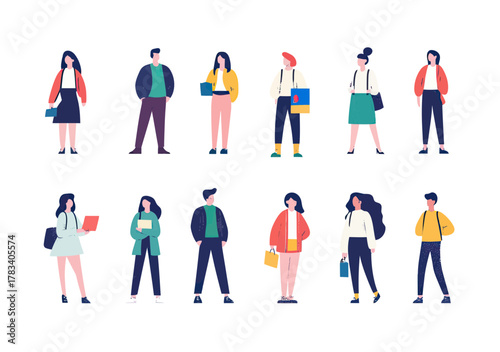 Diverse group of business people standing in casual and professional attire holding folders bags and coffee in flat minimalist style vector illustration