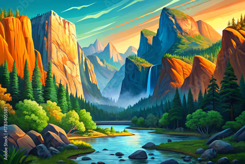 Majestic Yosemite Valley under blue sky showing granite cliffs, waterfalls, and pine forest along Merced River