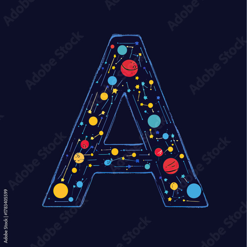 Letter A formed by colorful abstract planets, stars, and cosmic elements on dark space background in flat minimalist vector style for science and astronomy concept