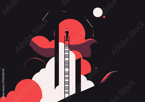 Businessman standing on ladder at top of abstract cloud shaped building reaching elevated level symbolizing career growth success ambition and leadership concept with dark background and red gradient