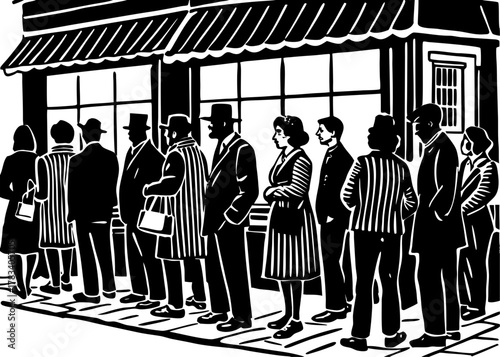 People queuing in a long line on a city street sidewalk in front of a shop building vector silhouette