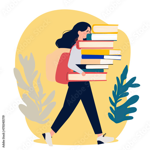 Young woman carrying stack of colorful books walking with backpack in flat minimalist vector illustration with plant elements and yellow background