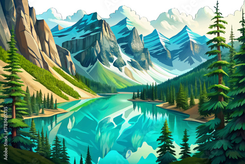 Turquoise glacial lake surrounded by snow capped mountains and evergreen pine forest in Montana’s wilderness