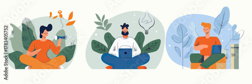 Meditating diverse people practicing mindfulness and relaxation with nature plants calm peaceful mental hygiene concept vector illustration flat style
