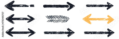 Set of nine hand drawn grunge style directional arrow icons with textured rough brush strokes in black and orange for design and navigation use