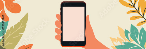Hand holding smartphone with blank screen surrounded by colorful abstract leaves flat minimalist vector illustration for technology and communication concepts