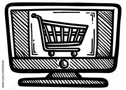 Online shopping vector silhouette on a computer monitor displaying an empty cart for e-commerce concept