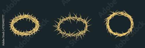 Set of three minimalist flat crown of thorns illustrations with varied shapes and thorn patterns on dark background religious symbols vector design