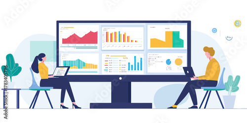 Business people analyzing financial and performance data on large dashboard screen with multiple charts and graphs in modern office setting vector illustration