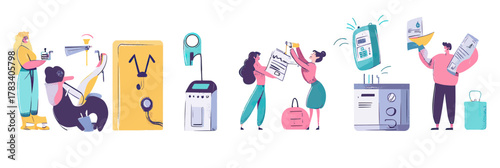 Illustration set of diverse people managing household utility bills with laptop, calculator, documents, water tap, energy meter, and payment concepts in flat minimalist style