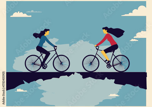 Business woman and man riding bicycles in opposite directions over a broken cliff gap symbolizing conflict and division in teamwork or partnership in flat vector style