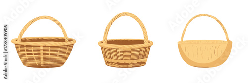 Set of three woven wicker baskets with handles in different round and oval shapes empty rustic garden picnic harvest containers flat minimalist vector illustration