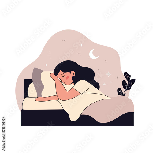 Woman sleeping peacefully in bed at night with pillow and blanket minimalistic flat vector illustration of restful sleep and relaxation under moon and stars background