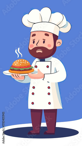 Sad male chef in white uniform and hat holding steaming plate with burger looking worried or disappointed cartoon flat illustration