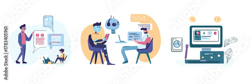 Artificial intelligence chatbot interaction with programmer using laptop and smartphone AI assistant technology concepts in flat minimalist style vector illustration