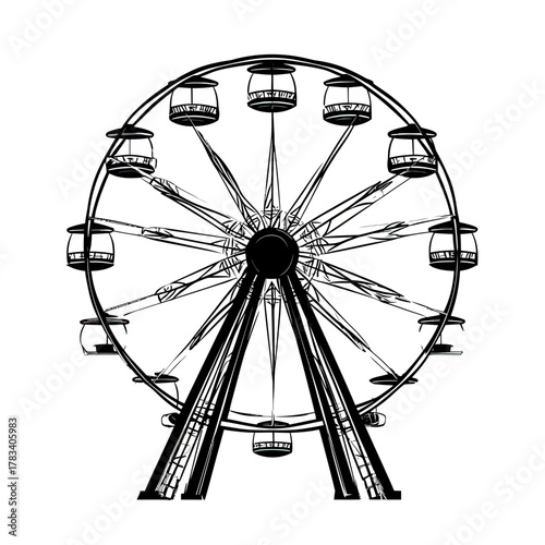 Low angle vector illustration of black minimalist Ferris wheel with empty cabins isolated on white background