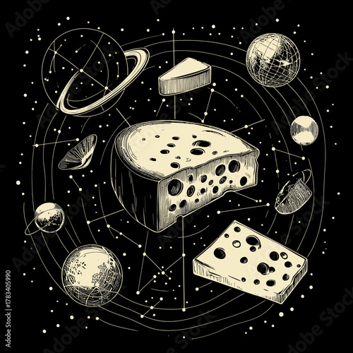 Abstract cosmic space composition with cheese wedges and planets orbiting surrounded by stars and constellation lines in vintage line art style vector illustration